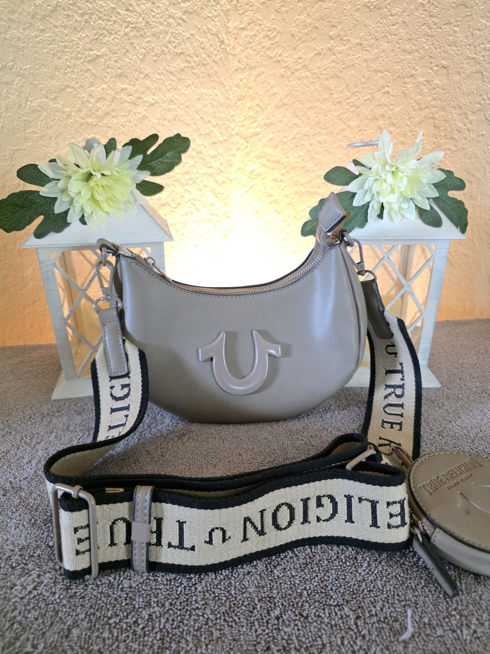 True Religion Taupe Crescent Shoulder Bag with Branded Strap